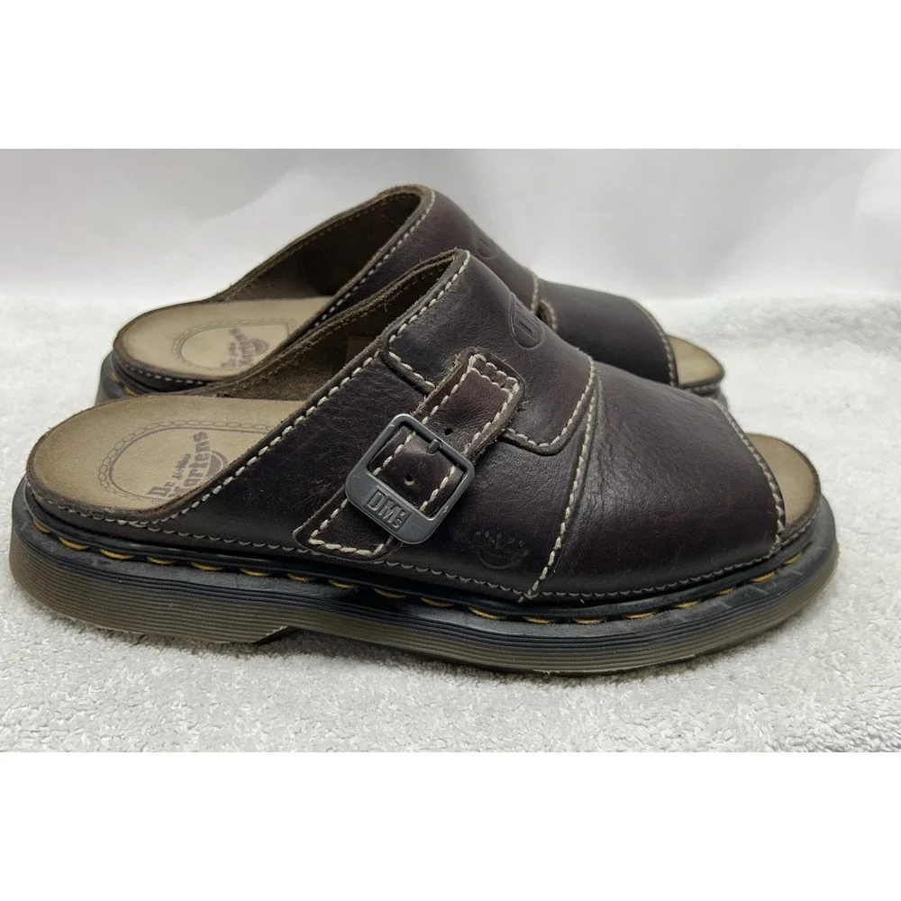 Dr Martens Mens Size 11 Dark Brown Leather Peanut Strap Vintage England Sandals
